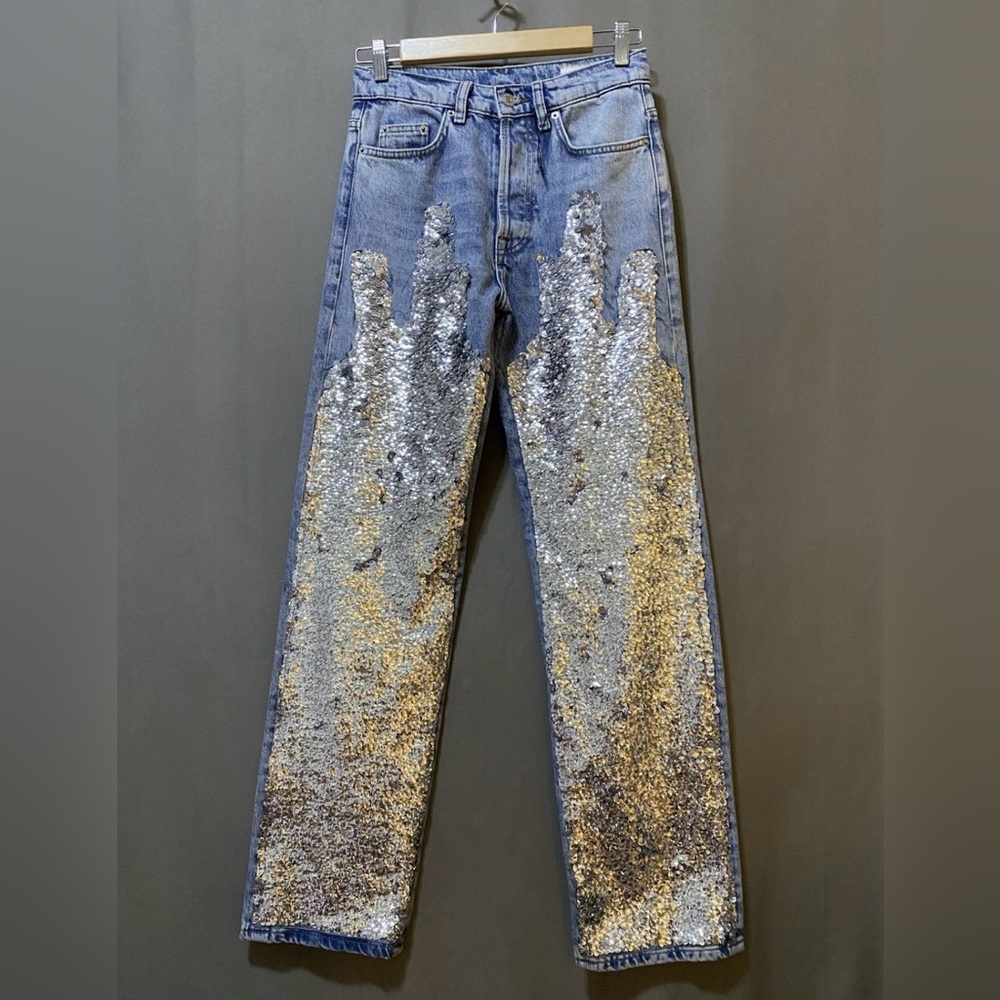 NWOT ZARA Women Buttoned Hi-Rise Embellished Sequin Straight Leg Jeans SZ 4 Blue